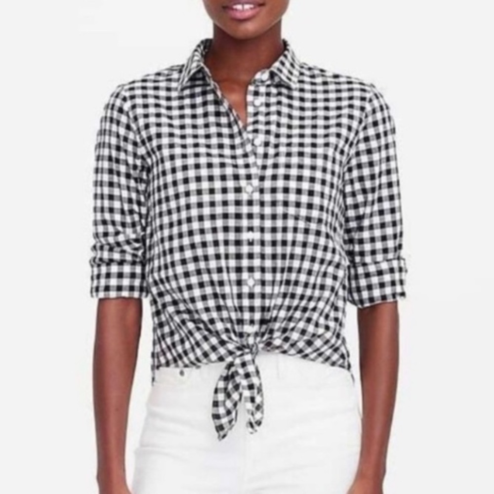 J Crew Factory Black Gingham Tie Front Shirt Sz S